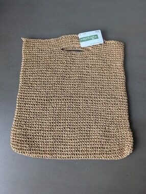 The Spring Shop Woven Tote Bag in Natural Brown Tan Square Size 14"X13.5"